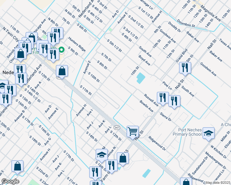 map of restaurants, bars, coffee shops, grocery stores, and more near 1422 Herring Avenue in Port Neches