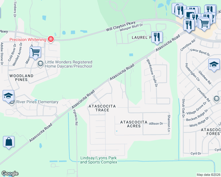 map of restaurants, bars, coffee shops, grocery stores, and more near 17407 Wigeon Way Drive in Humble
