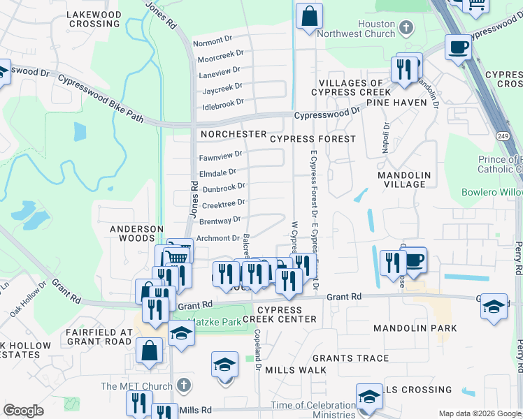 map of restaurants, bars, coffee shops, grocery stores, and more near 10615 Brentway Drive in Houston