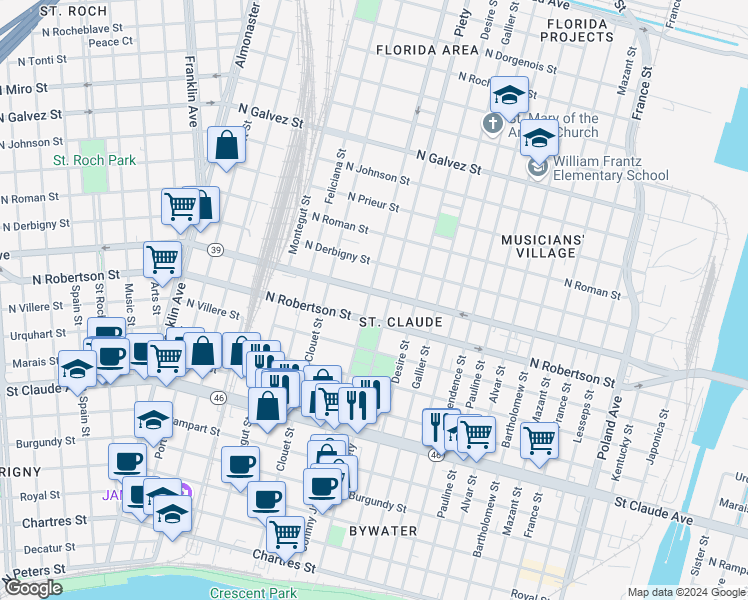 map of restaurants, bars, coffee shops, grocery stores, and more near 1535 Louisa Street in New Orleans