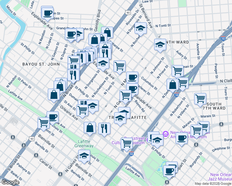 map of restaurants, bars, coffee shops, grocery stores, and more near 2232 Governor Nicholls Street in New Orleans