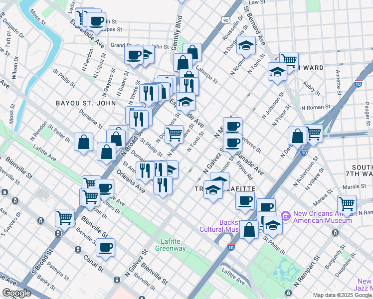 map of restaurants, bars, coffee shops, grocery stores, and more near 2339 Ursulines Avenue in New Orleans