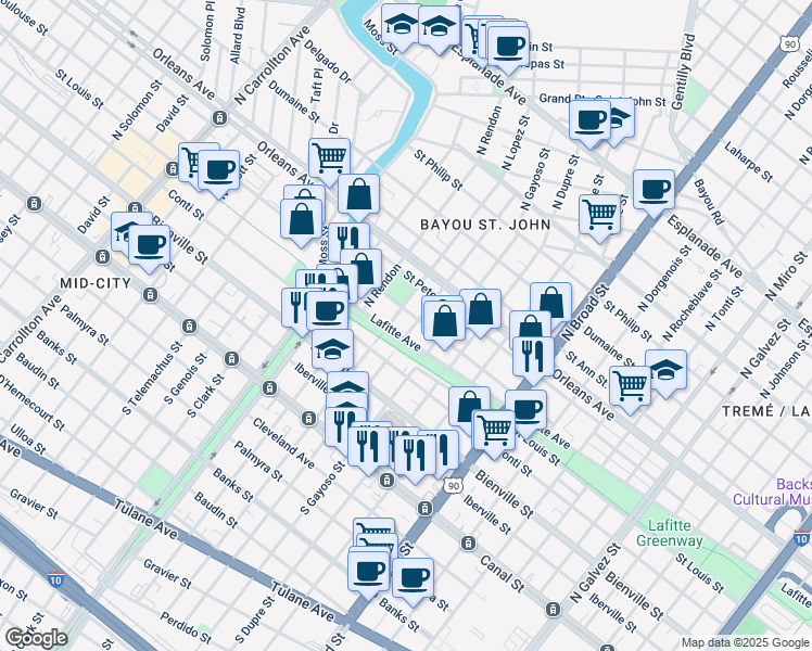 map of restaurants, bars, coffee shops, grocery stores, and more near 501 North Salcedo Street in New Orleans