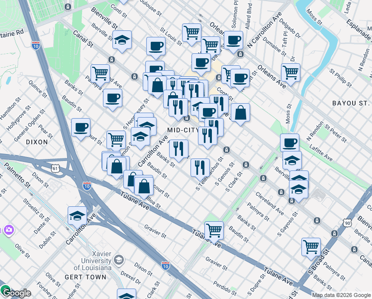 map of restaurants, bars, coffee shops, grocery stores, and more near in New Orleans