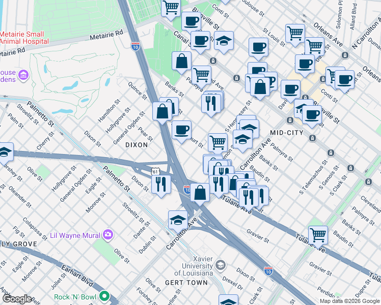 map of restaurants, bars, coffee shops, grocery stores, and more near 4313 Ulloa Street in New Orleans