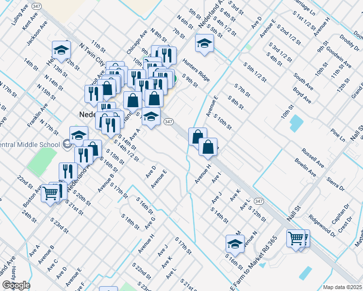 map of restaurants, bars, coffee shops, grocery stores, and more near 607 South 13th Street in Nederland
