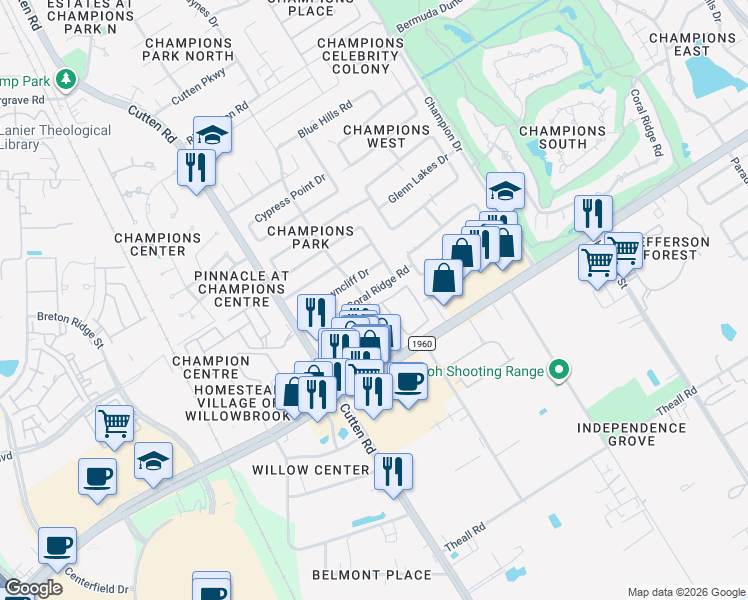 map of restaurants, bars, coffee shops, grocery stores, and more near 915 Champions Park Drive in Houston