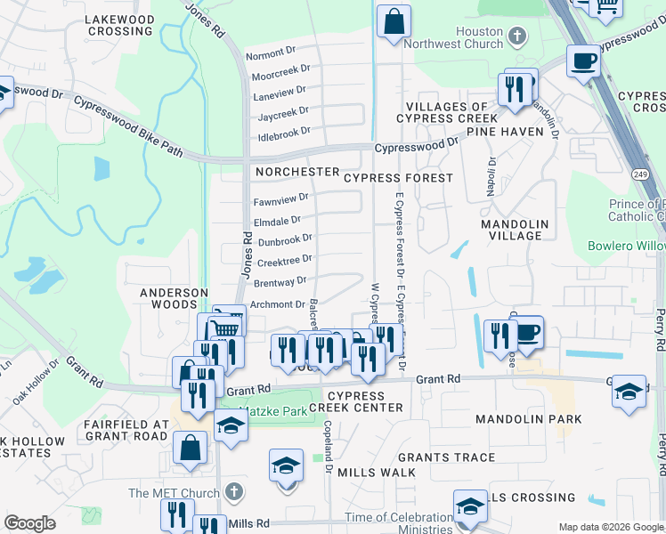 map of restaurants, bars, coffee shops, grocery stores, and more near 10615 Brentway Drive in Houston