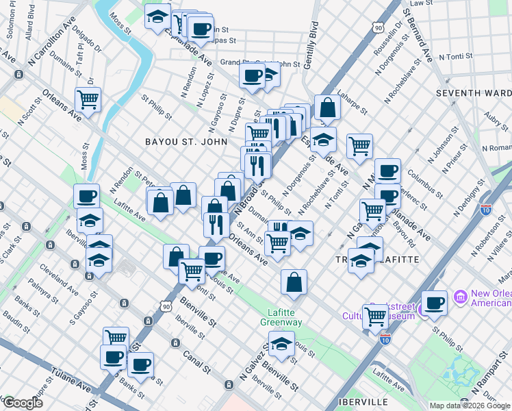 map of restaurants, bars, coffee shops, grocery stores, and more near 2630 Dumaine Street in New Orleans