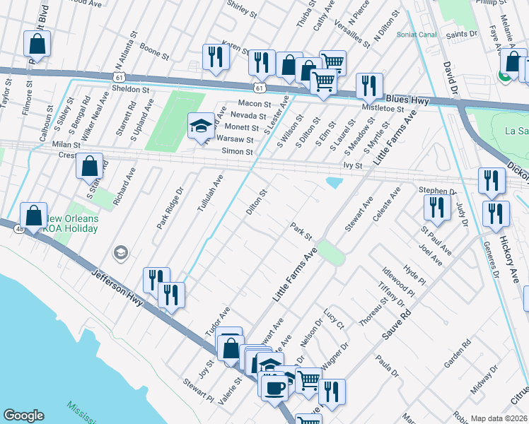 map of restaurants, bars, coffee shops, grocery stores, and more near 396 Tudor Avenue in River Ridge