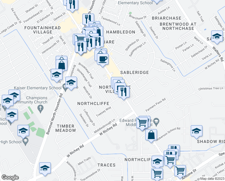 map of restaurants, bars, coffee shops, grocery stores, and more near 12965 Blackpool Place in Houston