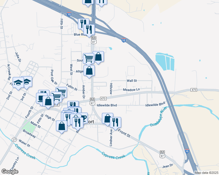 map of restaurants, bars, coffee shops, grocery stores, and more near 105 Hillview in Comfort