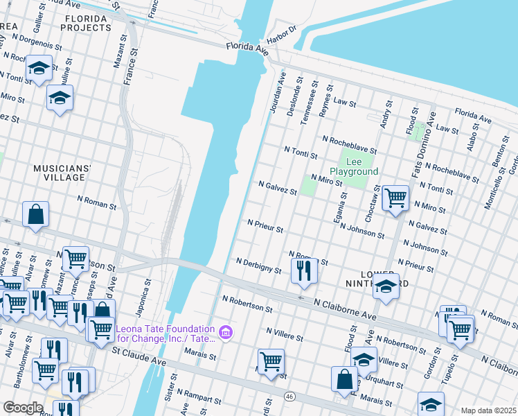 map of restaurants, bars, coffee shops, grocery stores, and more near 1938 Deslonde Street in New Orleans