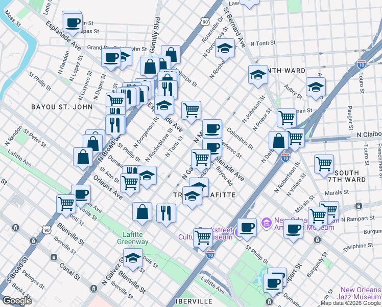 map of restaurants, bars, coffee shops, grocery stores, and more near 2226 Barracks Street in New Orleans