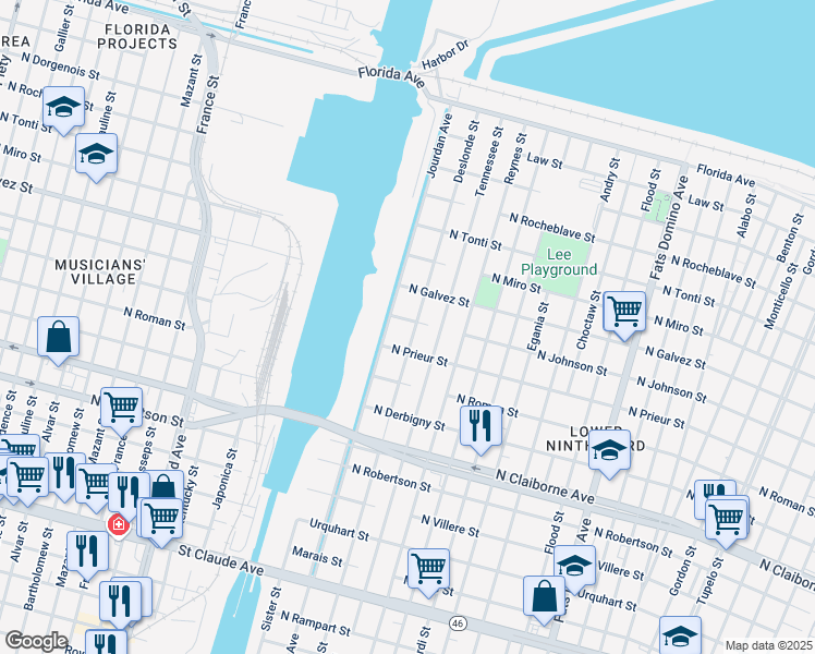 map of restaurants, bars, coffee shops, grocery stores, and more near 1938 Deslonde Street in New Orleans