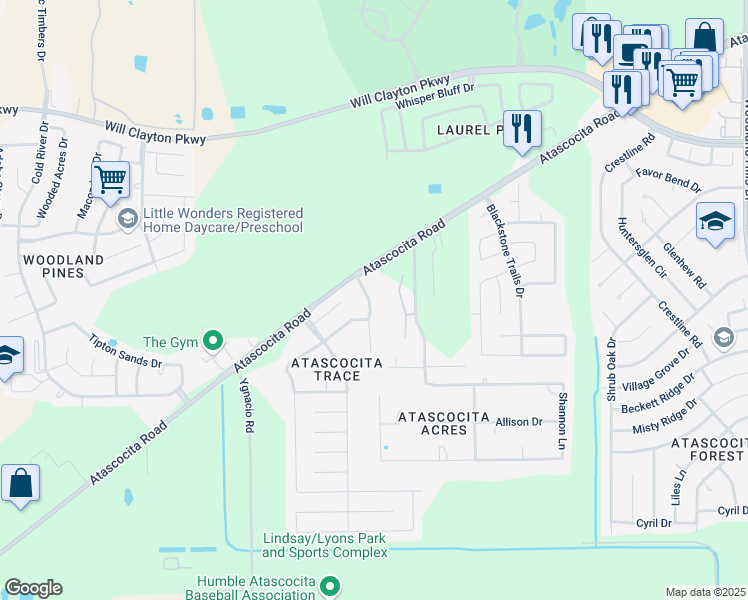 map of restaurants, bars, coffee shops, grocery stores, and more near 17426 Wigeon Way Drive in Humble