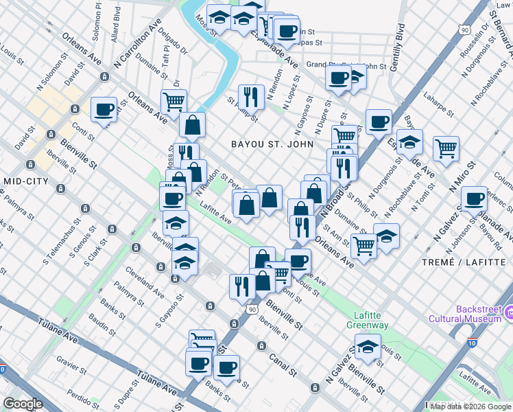 map of restaurants, bars, coffee shops, grocery stores, and more near 2902 Saint Peter Street in New Orleans