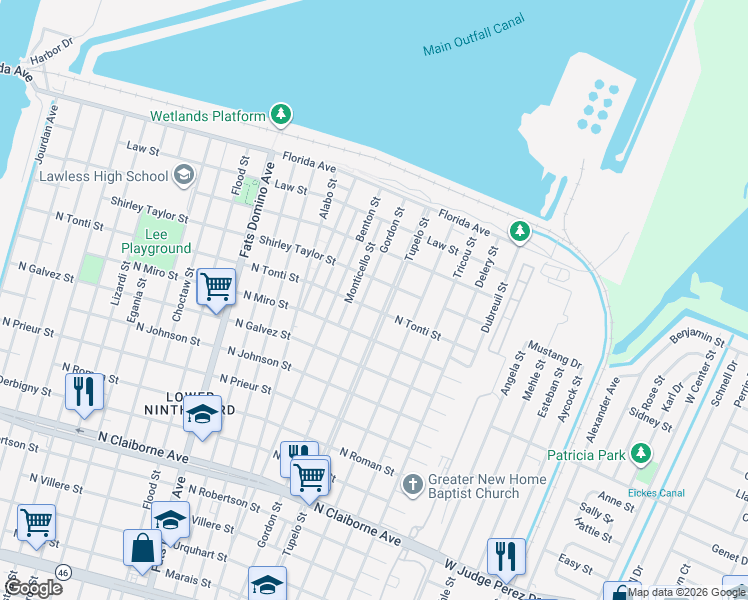map of restaurants, bars, coffee shops, grocery stores, and more near 2242 Tupelo Street in New Orleans