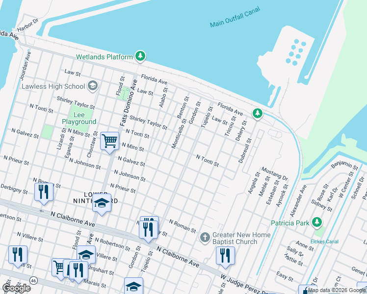 map of restaurants, bars, coffee shops, grocery stores, and more near 2242 Tupelo Street in New Orleans