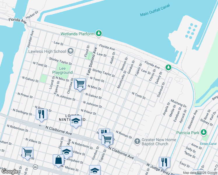 map of restaurants, bars, coffee shops, grocery stores, and more near 2139 Alabo Street in New Orleans