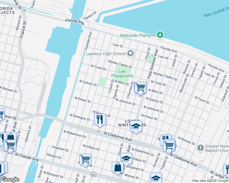 map of restaurants, bars, coffee shops, grocery stores, and more near 2020 Egania Street in New Orleans