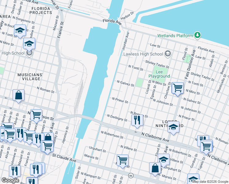 map of restaurants, bars, coffee shops, grocery stores, and more near 1911 Deslonde Street in New Orleans