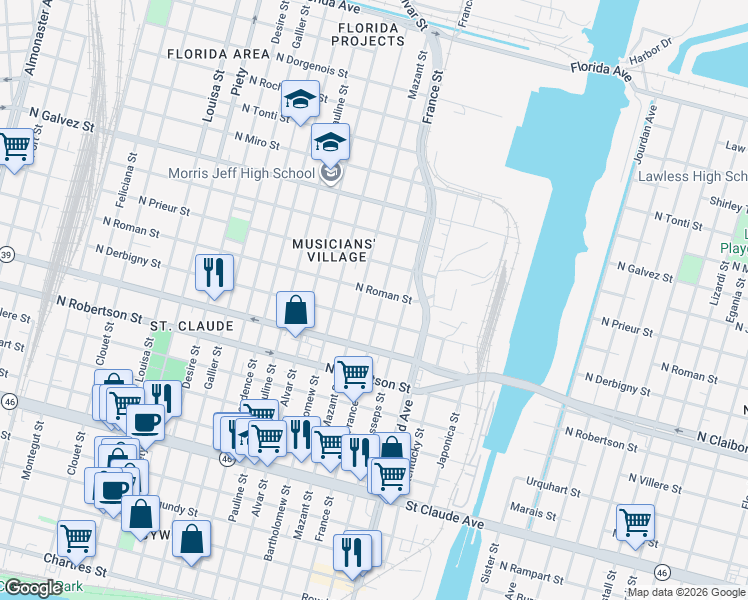 map of restaurants, bars, coffee shops, grocery stores, and more near 1705 France Street in New Orleans