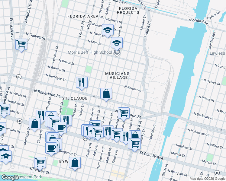 map of restaurants, bars, coffee shops, grocery stores, and more near 1625 Alvar Street in New Orleans