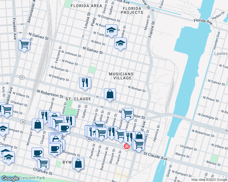 map of restaurants, bars, coffee shops, grocery stores, and more near 1625 Alvar Street in New Orleans