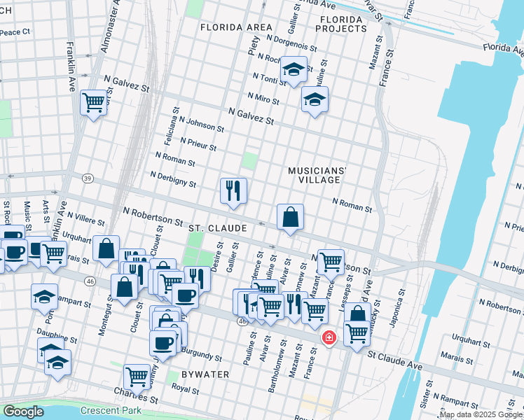 map of restaurants, bars, coffee shops, grocery stores, and more near 3522 North Claiborne Avenue in New Orleans