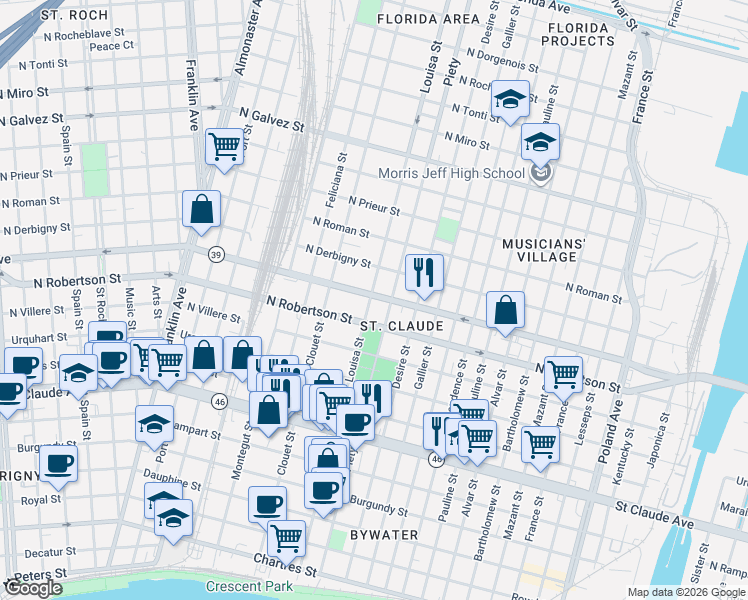 map of restaurants, bars, coffee shops, grocery stores, and more near 1514 Piety Street in New Orleans