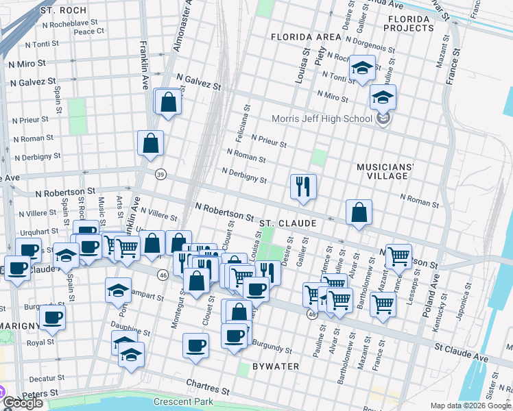 map of restaurants, bars, coffee shops, grocery stores, and more near 3116 North Robertson Street in New Orleans