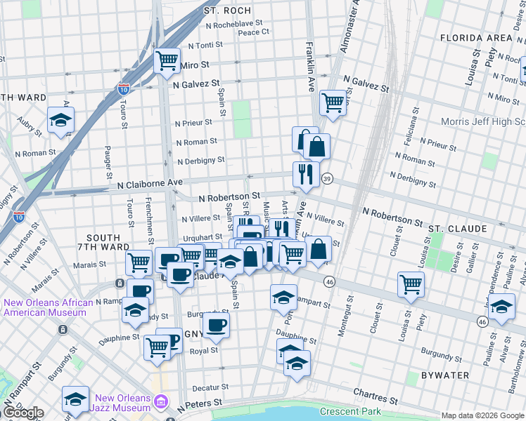 map of restaurants, bars, coffee shops, grocery stores, and more near 1323 Music Street in New Orleans