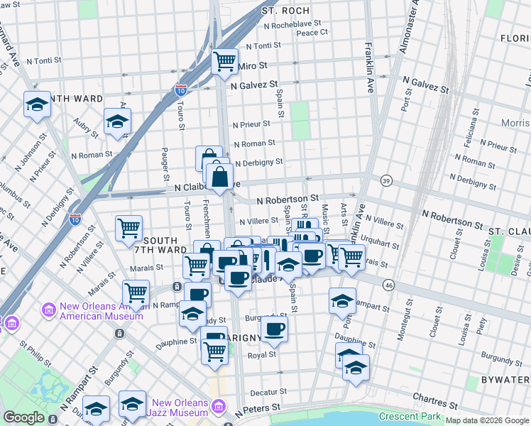 map of restaurants, bars, coffee shops, grocery stores, and more near in New Orleans