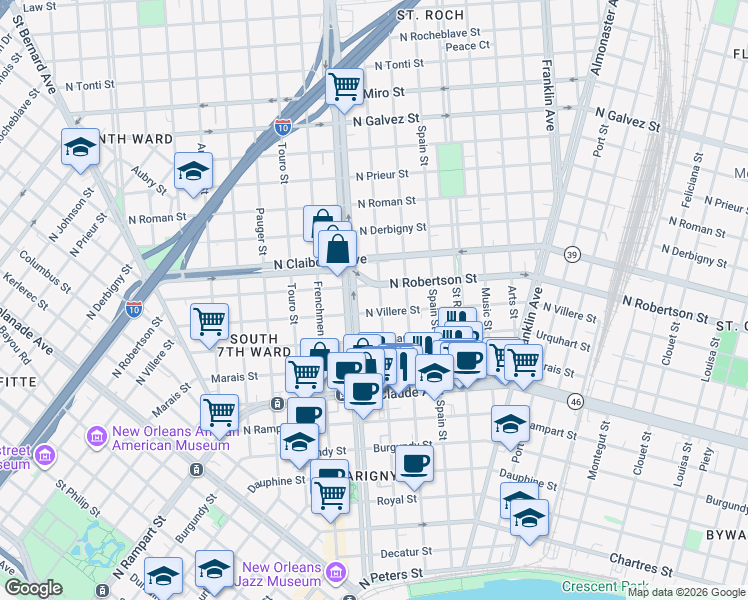 map of restaurants, bars, coffee shops, grocery stores, and more near in New Orleans