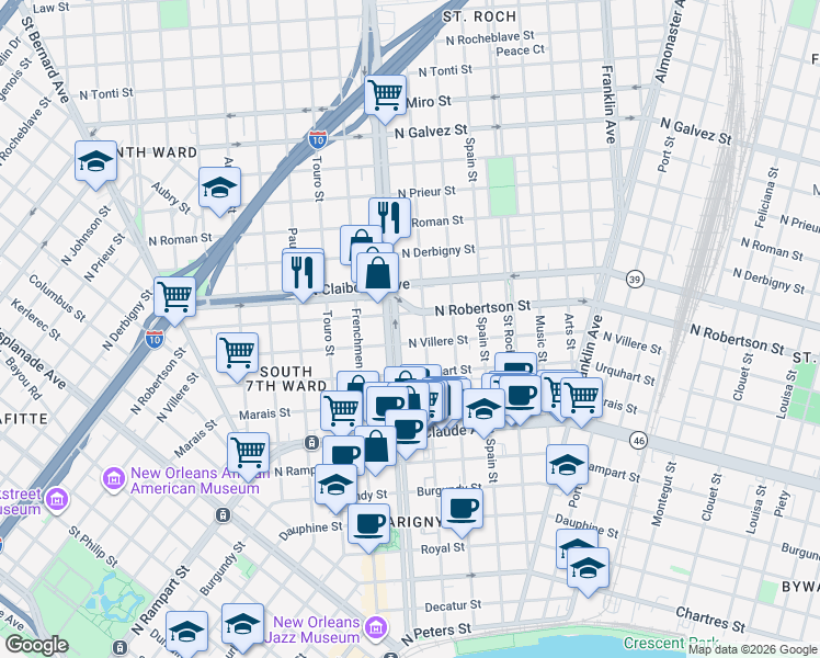 map of restaurants, bars, coffee shops, grocery stores, and more near in New Orleans