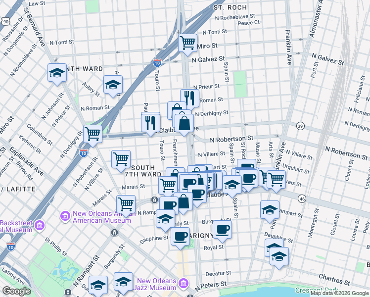 map of restaurants, bars, coffee shops, grocery stores, and more near in New Orleans