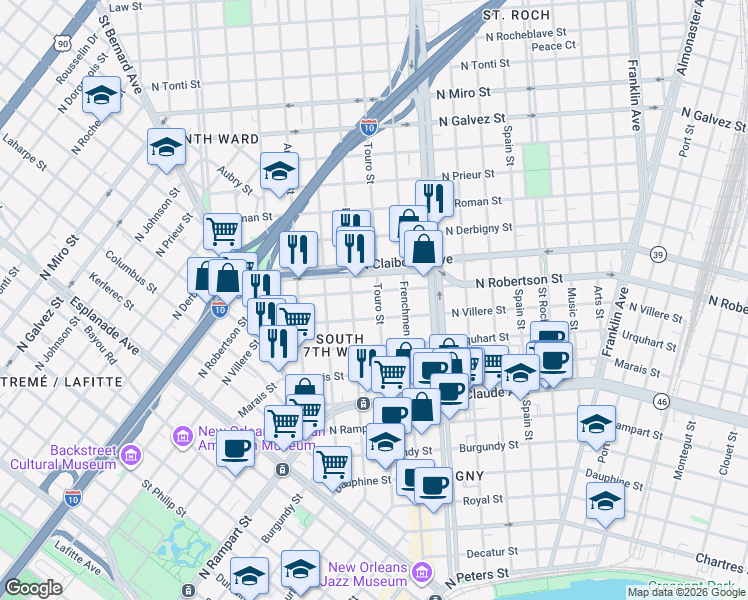 map of restaurants, bars, coffee shops, grocery stores, and more near 1933 North Villere Street in New Orleans