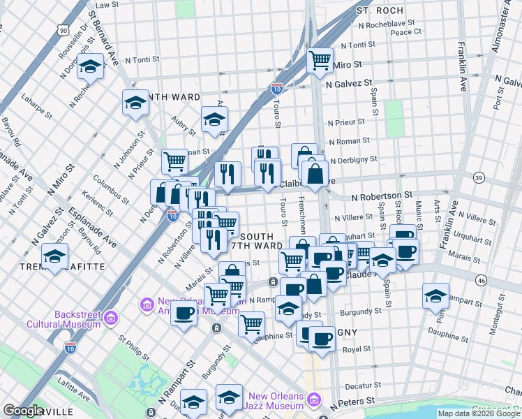 map of restaurants, bars, coffee shops, grocery stores, and more near 1813 North Villere Street in New Orleans