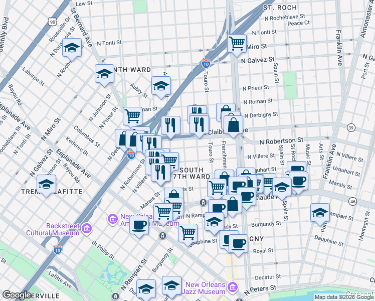 map of restaurants, bars, coffee shops, grocery stores, and more near 1813 North Villere Street in New Orleans