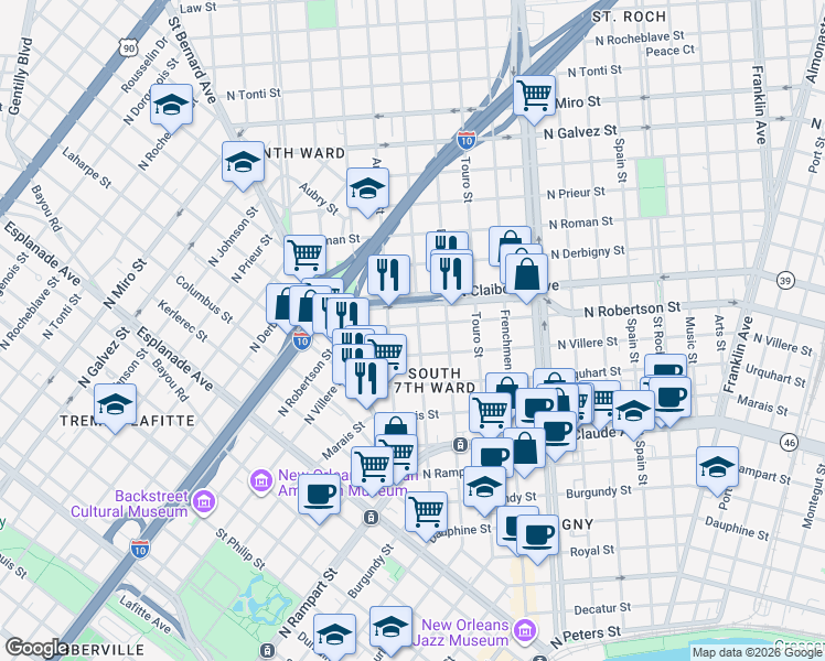 map of restaurants, bars, coffee shops, grocery stores, and more near 1813 North Villere Street in New Orleans