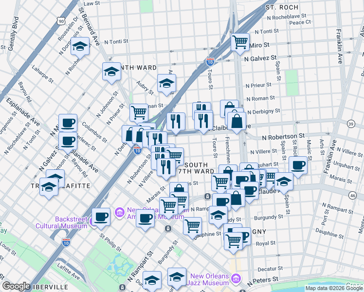 map of restaurants, bars, coffee shops, grocery stores, and more near 1663 North Villere Street in New Orleans