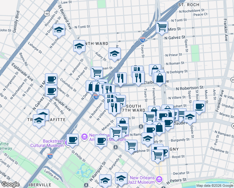 map of restaurants, bars, coffee shops, grocery stores, and more near 1663 North Villere Street in New Orleans