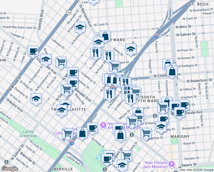 map of restaurants, bars, coffee shops, grocery stores, and more near 1611 Columbus Street in New Orleans