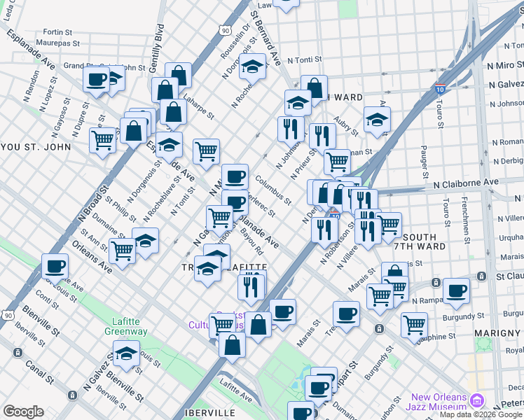 map of restaurants, bars, coffee shops, grocery stores, and more near in New Orleans