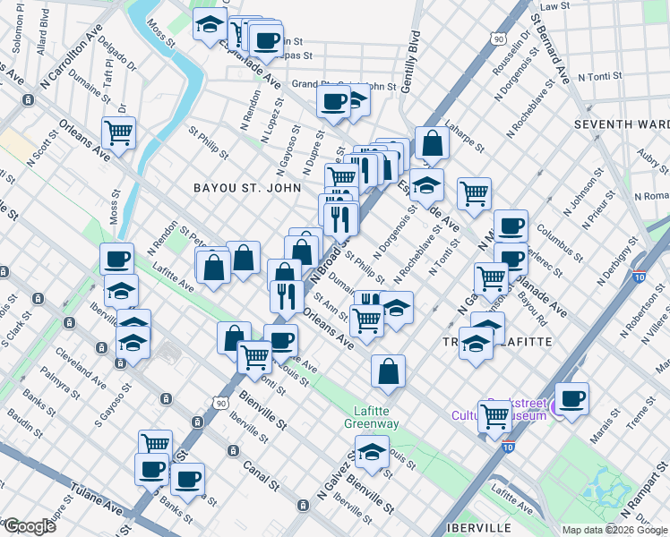 map of restaurants, bars, coffee shops, grocery stores, and more near 2630 Dumaine Street in New Orleans