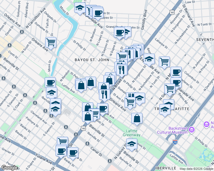 map of restaurants, bars, coffee shops, grocery stores, and more near 801 North Broad Street in New Orleans