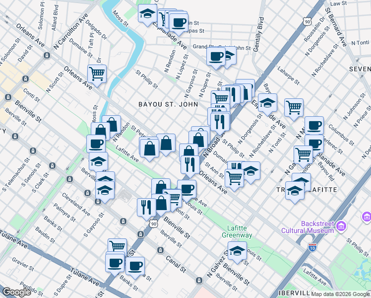 map of restaurants, bars, coffee shops, grocery stores, and more near 2751 Orleans Avenue in New Orleans
