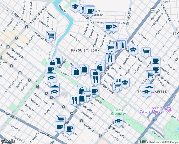 map of restaurants, bars, coffee shops, grocery stores, and more near 2751 Orleans Avenue in New Orleans