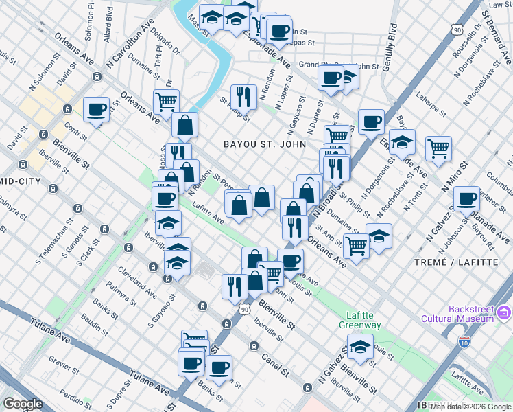 map of restaurants, bars, coffee shops, grocery stores, and more near 2902 Saint Peter Street in New Orleans